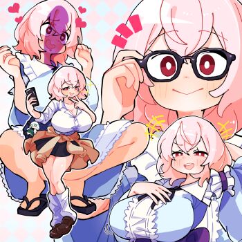 1girl alternate_costume black_sandals black_skirt blue_kimono blush breasts bright_pupils brown_shoes cleavage closed_mouth commentary convenient_censoring drooling full_body glasses gram_9 heart heart-shaped_pupils highres holding holding_phone japanese_clothes kimono large_breasts legs looking_at_viewer loose_socks medium_hair no_headwear no_socks parted_lips penis_awe penis_shadow phone pink_eyes pink_hair saigyouji_yuyuko sandals shirt shoes skirt smile socks squatting symbol-shaped_pupils thighs touhou upper_body v variations white_pupils white_shirt