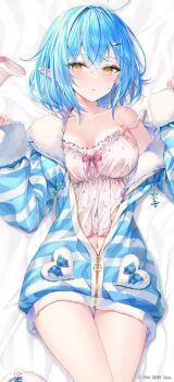 1girl ahoge blue_hair blue_jacket blush breasts camisole cleavage collarbone commentary elf fingernails frilled_camisole frills fur-trimmed_jacket fur_trim hair_between_eyes hair_ornament highres hololive jacket large_breasts long_hair long_sleeves looking_at_viewer lying nail_polish navel official_alternate_costume on_back open_clothes open_mouth partially_unzipped pink_nails pointy_ears polka_dot polka_dot_camisole rin_yuu sleepwear sleeves_past_wrists solo stomach striped_clothes striped_jacket symbol-only_commentary vertical-striped_clothes vertical-striped_jacket very_long_hair virtual_youtuber white_camisole yellow_eyes yukihana_lamy yukihana_lamy_(roomwear)