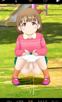 1girl anus blush brown_eyes brown_hair crotch_seam flat_chest fundarikettari grass green_skirt hair_bobbles hair_ornament hands_on_own_knees heart heart_print highres loli long_sleeves looking_at_viewer orange_shoes orange_socks original panties panty_pull peeing pink_sweater playground ponytail print_socks pussy shirt shoes short_hair side_ponytail skirt slide smile sneakers socks squatting striped_clothes striped_sweater sweater taking_picture underwear white_panties yellow_shirt
