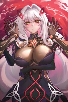 1boy 1girl aether_(genshin_impact) black_dress blush breasts brown_gloves collarbone dress genshin_impact gloves hetero highres large_breasts long_hair looking_at_viewer pov ronova_(genshin_impact) shiro_font white_hair yellow_eyes