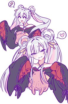 1girl ^_^ bare_shoulders black_kimono blue_eyes chinese_commentary chou_kaguya-hime! closed_eyes commentary_request frilled_sleeves frills ggum0908 hair_ornament hair_rings hair_stick half-closed_eyes heart highres japanese_clothes kimono long_hair long_sleeves looking_at_viewer multiple_views octopus open_mouth runami_yachiyo simple_background sleeves_past_fingers sleeves_past_wrists smile spoken_heart twintails upper_body white_background white_hair