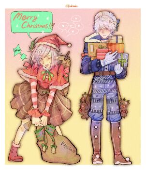 1boy 1girl absurdres blue_eyes boots box brown_boots brown_skirt commentary elf elysia_(honkai_impact) english_commentary english_text gift gift_box gloves hat heart highres holding holding_gift honkai_(series) honkai_impact_3rd kaleidos kevin_kaslana merry_christmas pants pink_hair pointy_ears purple_pants purple_sweater red_boots red_shirt santa_hat shirt skirt smile speech_bubble spoken_heart sweater white_gloves white_hair