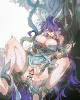 antlers areola_slip bdsm blush bondage bound breasts deer_antlers dimshibe feet forced_orgasm genshin_impact highres horns humiliation large_breasts lauma_(genshin_impact) long_hair moaning nipple_slip nipples rape restrained sweat tentacles