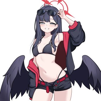 1girl :d absurdres adjusting_eyewear ahoge arm_at_side arm_up armpits belt bikini bilingual_commentary black_bikini black_hair black_jacket black_shorts black_wings blue_archive blunt_bangs blush breasts collarbone commentary cowboy_shot english_commentary eyewear_on_head feathered_wings grey_eyes grin halo highleg highleg_bikini highres ichika_(blue_archive) ichika_(swimsuit)_(blue_archive) jacket jacket_partially_removed long_hair looking_at_viewer low_wings mixed-language_commentary navel nyatako o-ring o-ring_bikini o-ring_top official_alternate_costume open_clothes open_jacket open_mouth red_belt red_halo shorts simple_background small_breasts smile solo stomach straight_hair sunglasses swimsuit tsurime unusually_open_eyes white_background wings