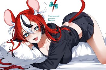1girl :d alternate_costume animal_ears bed_sheet black_hair black_hoodie black_nails black_skirt blue_eyes bow breasts cleavage colored_tips commentary crossed_bangs double-parted_bangs fang hair_between_eyes hakos_baelz hololive hololive_english hood hoodie hugging_object large_breasts looking_at_viewer lying miniskirt mouse_ears mouse_girl mouse_tail multicolored_hair nail_polish oioi_ainomo on_back open_mouth paid_reward_available pillow pillow_hug pleated_skirt red_hair simple_background skirt smile solo streaked_hair symbol-only_commentary tail tail_bow tail_ornament virtual_youtuber white_background white_hair