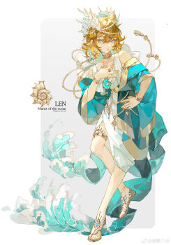 1boy absurdres blonde_hair chinese_commentary choker clenched_teeth collar commentary_request dress english_text fangs fingernails gem green_eyes green_hair hair_ornament hairclip hand_on_own_hip highres holding holding_shell jewelry kagamine_len kagamine_len_(vocaloid4) looking_at_viewer open_mouth pearl_(gemstone) pearl_hair_ornament pendant qungua ring sandals seashell shell shell_hair_ornament short_hair smile solo spread_legs teeth thigh_strap vocaloid water waves white_dress yellow_nails yifei_ba_chi