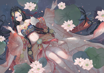 Rule 34 | 1girl, absurdres, afloat, bare legs, bare shoulders, barefoot, black hair, blue eyes, blue tube top, bow-shaped hair, character request, chili (pixiv 23103186), chinese clothes, circlet, closed mouth, commentary, detached sleeves, feet out of frame, flower, food, forehead, fruit, gold necklace, hair spread out, half updo, happy, highres, jewelry, light particles, lily pad, lips, long hair, long skirt, long sleeves, lying, midriff, miracle nikki, navel, necklace, nikki (series), on back, orange (fruit), orange slice, outstretched arm, partially submerged, petals, pink flower, pink lips, pink skirt, ripples, skirt, smile, solo, strapless, symbol-only commentary, tube top, very long hair, water lily flower, wide sleeves