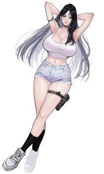 1girl absurdres arm_strap armpits arms_behind_head arms_up bare_shoulders black_choker black_socks blue_shorts breasts choker cleavage earrings full_body gun handgun highres holster holstered jewelry large_breasts long_hair looking_at_viewer nadainishi navel original shirt shoes short_shorts shorts simple_background sleeveless sleeveless_shirt sneakers socks solo thigh_holster thigh_strap weapon white_background white_shirt yellow_eyes