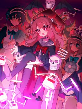 1boy 2girls absurdres ahoge apron aqua_bow aqua_bowtie asymmetrical_legwear black_dress black_hair black_horns black_socks black_thighhighs blue_eyes bow bowtie broken_heart broken_heart_hair_ornament brown_hair brown_shoes closed_mouth commentary_request demon_horns dress evil_neuro-sama fang from_side full_body green_eyes hair_between_eyes hair_ornament hair_ribbon hand_fan heart heart_hair_ornament highres holding holding_fan horns long_dress long_hair long_sleeves maid maid_apron maid_headdress miniskirt multiple_girls neuro-sama open_mouth parted_lips red_bow red_bowtie red_eyes red_ribbon ribbon shoes siblings sisters sitting skin_fang skirt skull_hair_ornament socks swarm_drone_(neuro-sama) thighhighs throne torn_hair_ribbon twins two_side_up uneven_legwear user_hmyv8473 v-neck vedal987 vedal_ai virtual_youtuber