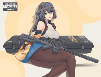 1girl ass bare_shoulders black_hair black_pantyhose blue_eyes blue_skirt breasts case character_name detached_sleeves girls'_frontline gloves gun hair_flaps hair_ornament hairband j_adsen long_hair looking_at_viewer medium_breasts mixed-language_commentary mod3_(girls'_frontline) mole mole_under_eye open_mouth pantyhose rifle scope skirt sniper_rifle super_sass super_sass_(girls'_frontline) super_sass_(mod3)_(girls'_frontline) suppressor turtleneck upskirt weapon weapon_case