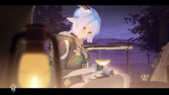 1girl absurdres animal_ears artist_logo black_horns black_unitard blue_hair blurry blurry_foreground blush book breasts choker cleavage closed_mouth commentary english_commentary goat_ears goat_girl goat_horns goat_tail highres horizontal_pupils horns key key_choker lantern letterboxed log logo looking_at_viewer lucia_elowen medium_breasts night outdoors pointy_ears qurami sitting sky solo star_(sky) starry_sky tail tent tree writing zenless_zone_zero