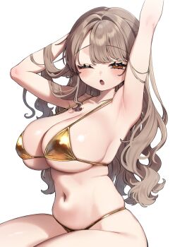 1girl armpits arms_up bikini blush breasts brown_eyes brown_hair chibi_kyonyuu cleavage commentary_request gold_bikini hair_intakes highres kodama_sawa_(sakura_yuki) large_breasts long_hair navel one_eye_closed open_mouth sakura_yuki_(clochette) sideboob simple_background skindentation solo stomach swimsuit thighs white_background