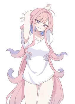 1girl :d arknights arms_up commentary cowboy_shot earrings highres hmrsh jewelry long_hair looking_at_viewer lucilla_(arknights) open_mouth panties parted_lips pink_hair purple_eyes shirt short_sleeves simple_background smile solo t-shirt underwear very_long_hair white_background white_panties white_shirt