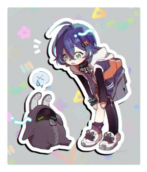 1girl bangboo_(zenless_zone_zero) belle_(zenless_zone_zero) black_socks black_thighhighs blue_hair chibi chibi_only green_eyes hair_between_eyes hair_ornament hood hood_down long_sleeves open_mouth shoes short_hair simple_background single_sock single_thighhigh sneakers socks spoken_x standing sweatdrop tatumin13 thighhighs zenless_zone_zero