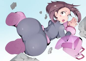 1girl ass blush bodysuit boku_no_hero_academia boots breasts brown_eyes brown_hair cameltoe debris female_focus floating helmet highres hot_vr lips looking_at_viewer looking_back open_mouth own_hands_together short_hair sideboob simple_background solo unworn_headwear unworn_helmet uraraka_ochako