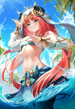 1girl aqua_eyes bare_shoulders blue_skirt blue_sky breasts circlet closed_mouth commentary cowboy_shot crop_top dancer day detached_sleeves fake_horns genshin_impact hands_up harem_outfit highres horns jewelry long_hair long_sleeves looking_at_viewer low_twintails medium_breasts navel neck_ring nilou_(genshin_impact) nunsori outdoors partially_underwater_shot puffy_long_sleeves puffy_sleeves red_hair revision skirt sky smile solo stomach twintails veil wading water wet