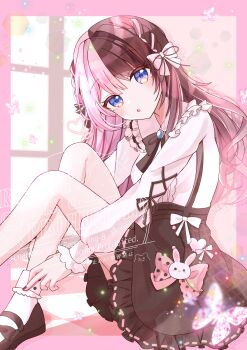 1girl absurdres black_bow black_dress black_shoes blue_eyes bow brown_hair bug butterfly collared_shirt commentary_request dress hair_bow heart highres insect long_hair long_sleeves looking_at_viewer multicolored_hair nanoda_ham parted_lips pink_bow pink_hair shirt shoes sitting socks solo split-color_hair tachibana_hinano two-tone_hair virtual_youtuber vspo! watermark white_bow white_shirt white_socks