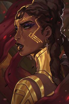 Rule 34 | 1girl, arcane: league of legends, blue eyeshadow, brown lips, cinnabarbie, dark-skinned female, dark skin, dreadlocks, earrings, eyelashes, eyeshadow, facial mark, glitter makeup, highres, jewelry, league of legends, long hair, looking to the side, makeup, mel (league of legends), parted lips, signature, solo, upper body