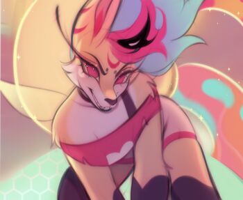 1girl animal_ears arthropod_girl asymmetrical_hair bare_shoulders bee_girl beelzebub_(helluva_boss) blue_hair breasts colored_sclera cowboy_shot crop_top demon demon_girl fangs floating_hair fox fox_ears fox_girl fox_tail furry furry_female grin head_tilt hellaverse helluva_boss highres honeycomb_(pattern) insect_girl long_eyelashes looking_at_viewer medium_breasts multicolored_background multicolored_hair multicolored_tail off_shoulder pink_eyes pink_hair pink_shorts shorts smile solo tail third_eye v4n4s white_fur wings yellow_fur yellow_sclera