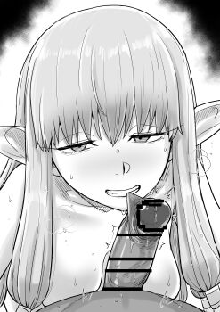 1boy 1girl absurdres biting biting_foreskin clenched_teeth elf erection foreskin foreskin_pull greyscale hair_tubes half-closed_eyes heavy_breathing hetero highres jitome kaiman_garupan long_hair long_pointy_ears looking_at_viewer monochrome nude penis pointy_ears pov pov_crotch precum serie_(sousou_no_frieren) sousou_no_frieren sweat teeth trembling upper_body