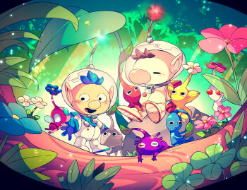 2boys alien alph_(pikmin) backpack bag big_nose black_eyes black_skin blue_bag blue_eyes blue_gloves blue_hair blue_light blue_pikmin blue_skin blush_stickers brown_hair buttons closed_eyes clover colored_skin commentary_request dappled_sunlight flower flying four-leaf_clover freckles gloves grass helmet holding holding_leaf insect_wings leaf looking_at_another lying male_focus multiple_boys nintendo no_mouth olimar on_stomach open_mouth outdoors pikmin_(creature) pikmin_(series) pink_flower pink_skin pointy_ears purple_flower purple_hair purple_pikmin purple_skin radio_antenna red_bag red_eyes red_gloves red_light red_pikmin red_skin rock rock_pikmin shirushiki short_hair sitting smile solid_oval_eyes space_helmet spacesuit standing_on_branch sunlight tiny triangle_mouth very_short_hair whistle white_flower white_footwear white_pikmin white_skin winged_pikmin wings yellow_pikmin yellow_skin