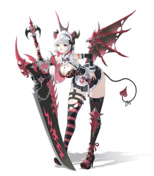 Rule 34 | 1girl, absurdres, apron, arm strap, bat wings, belt, bent over, black corset, black dress, black shoes, black thighhighs, blunt bangs, breasts, cleavage, colored inner hair, corset, demon tail, dress, frilled dress, frills, full body, hand on own hip, high heels, highres, holding, holding sword, holding weapon, horns, key, large breasts, lock, looking at viewer, maid apron, maid headdress, mechanical wings, medium hair, moonmyo, multicolored hair, open mouth, original, pink hair, pink thighhighs, pointy ears, red eyes, red nails, shadow, shoes, simple background, solo, spiked chain, standing, striped clothes, striped thighhighs, sword, tail, thighhighs, torn clothes, torn thighhighs, weapon, white background, white hair, wings, zettai ryouiki