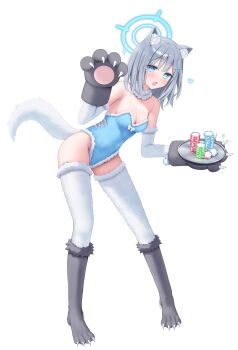 Rule 34 | 1girl, animal ear fluff, animal ears, animal hands, blue archive, blue hair, blue halo, blue leotard, breasts, claw pose, commentary request, cross hair ornament, elbow gloves, fur trim, gloves, grey hair, hair ornament, halo, highres, holding, holding tray, honyuuruinomoto, leotard, looking at viewer, medium hair, nontraditional playboy bunny, paw gloves, paw shoes, poker chip, shiroko (blue archive), solo, strapless, strapless leotard, thighhighs, tray, white gloves, white thighhighs, wolf ears, wolf girl