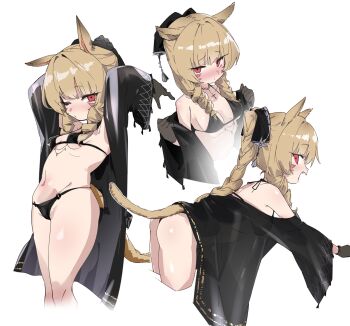 1girl :d absurdres animal_ears arms_behind_head ass bikini black_bikini black_gloves black_ribbon blonde_hair blush braid braided_ponytail breasts brown_hair cat_ears cat_girl cat_tail commentary_request cross cross_necklace facial_mark final_fantasy final_fantasy_xiv gloves hair_ribbon highres jacket jewelry loli looking_at_viewer medium_hair micro_bikini miqo&#039;te multiple_views navel necklace ocha_(popopogg) one_eye_closed open_clothes open_jacket open_mouth red_eyes ribbon simple_background small_breasts smile standing swimsuit tail twin_braids twintails white_background