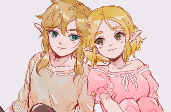 1boy 1girl bare_shoulders blonde_hair blue_eyes breasts closed_mouth couple dress green_eyes hetero light_blush link medium_breasts nintendo pink_dress pointy_ears princess_zelda rain_rkgk shirt sidelocks sleeveless sleeveless_dress smile the_legend_of_zelda the_legend_of_zelda:_breath_of_the_wild the_legend_of_zelda:_tears_of_the_kingdom upper_body white_background