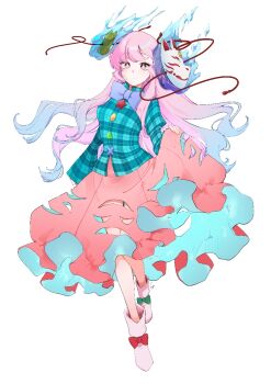 1girl alternate_hair_color blue_bow blue_bowtie blue_hair boots bow bowtie breasts closed_mouth commentary_request footwear_bow fox_mask fujimugi gradient_hair green_bow hata_no_kokoro long_hair long_sleeves looking_at_viewer mask mask_on_head multicolored_hair orange_skirt pink_boots pink_eyes pink_hair plaid_clothes plaid_shirt red_bow shirt skirt skirt_cutout solo touhou very_long_hair