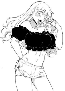 1girl :d bad_id bad_twitter_id bare_shoulders blush breasts commentary_request cowboy_shot crop_top cropped_shirt dos_i2525 fang frilled_shirt frills futsuu_no_keion-bu greyscale hand_in_own_hair hand_on_own_hip hand_up highres long_hair midriff monochrome navel off-shoulder_shirt off_shoulder open_mouth puffy_short_sleeves puffy_sleeves shirt short_shorts short_sleeves shorts skin_fang smile solo standing stomach tatsumi_reiha wavy_hair