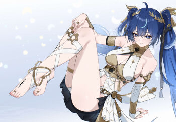 1girl ahoge ancient_greek_clothes arm_support armlet bare_shoulders barefoot black_skirt blue_eyes blue_hair breasts cleavage closed_mouth commentary dongye1551 feet full_body gold_bra gradient_hair greco-roman_clothes hair_belt highres iuno_(wuthering_waves) jewelry laurel_crown leg_wrap looking_at_viewer medium_breasts miniskirt multicolored_hair showgirl_skirt skirt smile solo streaked_hair tacet_mark_(wuthering_waves) thighlet thighs toe_ring toes twintails wuthering_waves