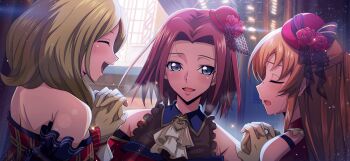 3girls ^_^ armband artist_request ascot backlighting backstage bare_shoulders blonde_hair blue_eyes blurry blurry_background blush bowler_hat breasts breath closed_eyes code_geass code_geass:_lost_stories dutch_angle facing_another female_focus flower forehead game_cg gloves hair_intakes half-closed_eyes hand_up hands_up happy hat hat_flower heart highres holding_hands idol_clothes indoors interlocked_fingers kouzuki_kallen light_blush long_hair looking_at_another looking_to_the_side medium_breasts medium_hair milly_ashford mini_hat multiple_girls non-web_source official_art open_mouth orange_hair profile red_flower red_hair red_hat red_rose rose shirley_fenette short_hair sidelocks smile sparkle stage_lights sweat tears teeth tilted_headwear u_u upper_body white_ascot white_gloves