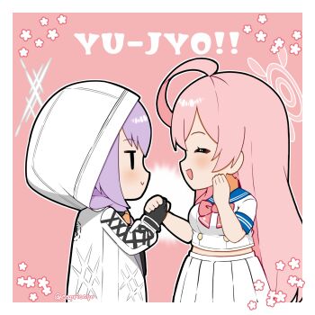 2girls :d ^_^ ahoge atsuko_(blue_archive) black_gloves blue_archive blue_sailor_collar blush border bow braid capriccyo chibi closed_eyes closed_mouth commentary_request facing_another gloves hair_over_shoulder halo hanako_(blue_archive) hand_up handshake highres hood hood_up hooded_jacket jacket long_hair long_sleeves looking_at_another midriff multiple_girls open_mouth pink_background pink_bow pink_hair pleated_skirt profile puffy_long_sleeves puffy_sleeves purple_hair romaji_text sailor_collar school_uniform serafuku shirt skirt smile translation_request very_long_hair white_border white_jacket white_serafuku white_shirt white_skirt