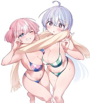 2girls @_@ ahoge asymmetrical_docking barefoot bikini blue_eyes blush breast_press breasts brown_scarf cleavage clenched_teeth commentary_request green_bikini hair_between_eyes hair_ornament highres hiwamura_hiyori kamio_fukuchi large_breasts long_hair looking_at_viewer multicolored_bikini multiple_girls navel one_eye_closed parted_lips pink_bikini pink_hair purple_bikini purple_eyes scarf shared_clothes shared_scarf simple_background standing standing_on_one_leg swimsuit teeth v white_background white_hair x_hair_ornament yowa_yowa_sensei