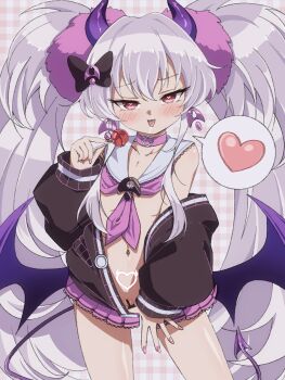1girl bar_censor black_jacket candy censored choker collarbone commentary_request demon_girl demon_horns demon_tail demon_wings evo_grim food grey_hair grim_aloe hair_between_eyes heart heart-shaped_pupils highres holding holding_candy holding_food holding_lollipop horns jacket loli lollipop long_hair long_sleeves looking_at_viewer mahjong_fight_girl nail_polish navel neckerchief off_shoulder pink_choker pink_nails pink_neckerchief pink_skirt plaid_background pleated_skirt puffy_long_sleeves puffy_sleeves purple_wings quiz_magic_academy_the_world_evolve red_eyes sailor_collar saliva saliva_trail skirt sleeves_past_wrists solo spoken_heart symbol-shaped_pupils tail tongue tongue_out twintails unadon_(unadoom) very_long_hair white_sailor_collar wings