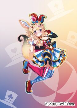 1girl :d ahoge animal_ear_fluff animal_ears asymmetrical_footwear asymmetrical_legwear back_bow black_gloves black_streaks blonde_hair blue_bow blue_skirt blue_thighhighs bow bowtie braid clothing_cutout commentary_request copyright_notice cross-laced_clothes cross-laced_legwear double-parted_bangs double_w elbow_gloves facial_mark fox_ears fox_girl fox_tail full_body gloves grin hair_between_eyes hair_bow hair_ornament hair_over_shoulder hairclip hands_up hat heart heart-shaped_pupils hololive jester_cap kurokawa_heuy large_bow layered_skirt long_hair looking_at_viewer mark_under_eye miniskirt mismatched_footwear mismatched_legwear multicolored_hair navel_cutout official_art omaru_polka omaru_polka_(1st_costume) open_mouth pink_streaks pink_thighhighs playing_card_theme pointy_shoes purple_eyes red_bow red_bowtie red_gloves red_shoes shirt shoes side_braid single_braid single_elbow_glove single_glove single_wrist_cuff skirt sleeveless sleeveless_shirt smile solo streaked_hair striped_clothes striped_skirt striped_thighhighs symbol-shaped_pupils tail thighhighs tilted_headwear traditional_bowtie vertical-striped_clothes vertical-striped_skirt vertical-striped_thighhighs virtual_youtuber w wrist_cuffs x_hair_ornament