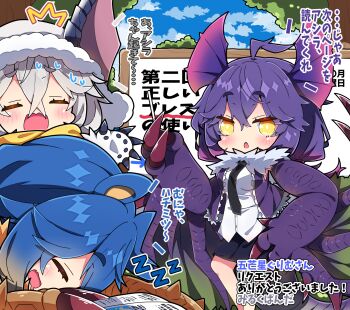 3girls ^^^ ahoge arzuros black_necktie black_skirt blue_hair blue_sky blush breasts brown_hair cloud commentary_request day drooling fang gradient_hair green_wings grey_hair hair_between_eyes hand_on_own_hip highres holding horns lagombi medium_breasts milkpanda monster_hunter_(series) mouth_drool multicolored_hair multiple_girls necktie open_mouth outdoors parted_lips pencil_skirt personification profile purple_hair shirt short_eyebrows skirt sky sleeping standing sweat thick_eyebrows translation_request tree white_shirt wings yellow_eyes yian_garuga zzz