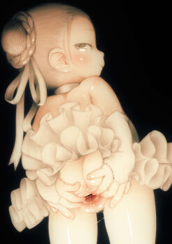 1girl ass ballerina black_background censored closed_mouth female_focus feral_lemma highres loli mosaic_censoring original pussy short_hair smile spread_pussy spreading_own_pussy standing white_hair