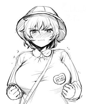 Rule 34 | 1girl, alternate costume, blush, breasts, clenched hands, closed mouth, commentary request, embarrassed, frown, greyscale, hat, kazami yuuka, kindergarten uniform, large breasts, looking at viewer, monochrome, name tag, nose blush, sadahiro (chicken nugget gyuuniku aji), school hat, simple background, sketch, solo, touhou, upper body