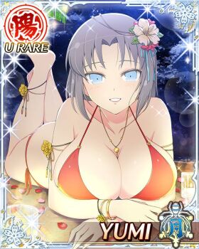 1girl anklet beach bikini blue_eyes border breasts candle candlelight card_(medium) character_name cleavage flower game_cg grey_hair hair_flower hair_ornament jewelry large_breasts legs_up light_blush looking_at_viewer lying medium_hair necklace night ocean official_art on_stomach parted_lips red_bikini senran_kagura senran_kagura_new_wave smile solo swimsuit third-party_source yumi_(senran_kagura)