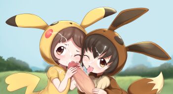 1boy 2girls animal_ears blue_sky brown_eyes brown_hair cosplay cum cum_in_mouth cum_on_body cum_on_clothes cum_on_hair day eevee eevee_(cosplay) eevee_ears eevee_tail eyebrows facial fake_animal_ears fake_tail fellatio gen_1_pokemon highres hood hood_up loli long_sleeves looking_at_viewer multiple_girls nintendo one_eye_closed open_mouth oral outdoors penis penis_grab pestil pikachu pikachu_(cosplay) pikachu_ears pikachu_tail poke_kid_(pokemon) pokemon pokemon_bdsp pokemon_swsh pokemon_tail saliva short_hair short_sleeves sideways_glance sky tail teeth tongue tongue_out uncensored upper_body upper_teeth_only veins veiny_penis