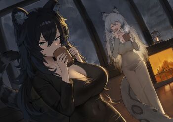 2girls :d ^_^ absurdres ammak animal_ears arknights black_dress black_hair blue_eyes breasts cleavage closed_eyes commentary covered_navel cup dress drinking fireplace grey_sky hair_between_eyes highres holding holding_cup huge_breasts indoors lantern large_breasts long_hair mug multiple_girls night open_mouth original pramanix_(arknights) rain sky smile snow_leopard_tail tail white_hair window