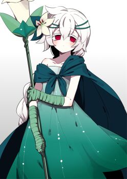 artist_request bandaged_arm bandages braid breasts cape closed_eyes closed_mouth cloud colored_eyelashes cookie_run cookie_run:_kingdom crown_of_thorns dot_mouth dress eyelashes floating_cape flower flower_in_mouth from_side gradient_clothes gradient_dress green_cape green_dress hair_flower hair_ornament humanization lens_flare lily_(flower) long_hair medium_breasts non-web_source outdoors outstretched_arm parted_lips personification sky solo upper_body white_dress white_flower white_hair white_lily_cookie yellow_flower