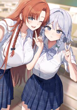 2girls ;d absurdres alternate_costume aqua_eyes blue_eyes blue_skirt braid breasts collared_shirt commentary_request highres hong_meiling index_finger_raised izayoi_sakuya large_breasts long_hair looking_at_viewer medium_breasts multiple_girls one_eye_closed open_mouth plaid_clothes plaid_skirt pleated_skirt sarukana school_uniform selfie shirt skirt smile touhou twin_braids v very_long_hair white_shirt