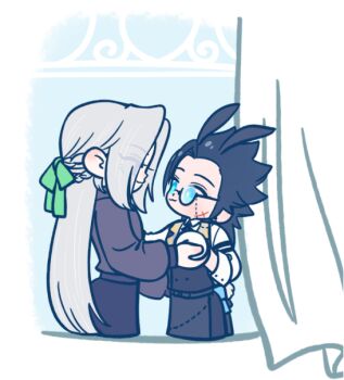 105zz 2boys alternate_costume animal_ears apron black_pants black_vest blue_eyes cowboy_shot cropped_legs cross_scar curtains facial_scar final_fantasy final_fantasy_vii final_fantasy_vii:_ever_crisis gloves green_ribbon grey_shirt hair_ribbon hair_slicked_back half_updo holding_hands kemonomimi_mode long_hair male_focus monocle multiple_boys official_alternate_costume pants parted_bangs rabbit_ears rabbit_tail ribbon scar scar_on_cheek scar_on_face sephiroth shirt smile tail vest waist_apron white_gloves white_shirt yaoi zack_fair zack_fair_(bunny_butler)