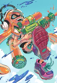 1girl commentary english_commentary gnrtnmart gun headphones highres holding holding_gun holding_weapon ink_tank_(splatoon) inkling inkling_girl inkling_player_character long_hair nintendo open_mouth orange_eyes paint paint_on_body solo splatoon_(series) splattershot_(splatoon) tentacle_hair weapon