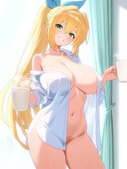 1girl :d absurdres backlighting blonde_hair blue_ribbon blush breasts cleavage coffee_mug collarbone cowboy_shot cup curtains day green_eyes grin groin hair_intakes hair_ribbon highres holding holding_cup indoors large_breasts long_hair long_sleeves looking_at_viewer maretto mug naked_shirt navel no_bra no_panties off_shoulder open_clothes open_mouth open_shirt parted_lips ribbon shirt single_bare_shoulder smile solo steam sunlight tsurumaki_maki very_long_hair voiceroid white_shirt