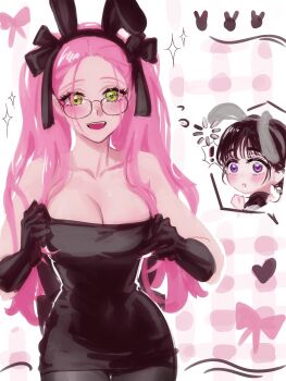 ! 2girls absurdres alien_stage animal_ear_hairband animal_ears bare_shoulders black_gloves black_hair blush bow breasts casdela1 cleavage commentary dress english_commentary fake_animal_ears glasses gloves green_eyes hairband heart highres loading_icon long_hair mizi_(alien_stage) multiple_girls official_alternate_costume open_mouth pantyhose pink_bow pink_hair purple_eyes rabbit_ears smile strapless strapless_dress sua_(alien_stage) twintails very_long_hair yuri