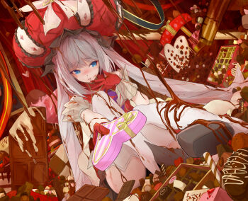 Rule 34 | 1girl, :p, blue eyes, bow, box, bright pupils, chocolate, chocolate on body, diamond (shape), fate/grand order, fate (series), food, food on body, gift, gift box, gloves, grey hair, hat, heart-shaped box, highres, incoming gift, marie antoinette (fate), pink box, raised inner eyebrows, red gloves, red hat, sidelocks, sitting, solo, tongue, tongue out, twintails, valentine, white bow, white pupils, yatsu (yatsu a yatsu), yellow bow